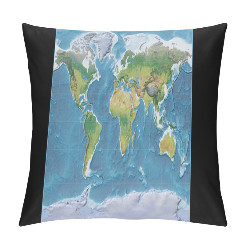 Personality  World Map In The Gall Stereographic Projection Centered On 11 East Longitude. Main Physiographic Landscape Features - Raw Composite Of Raster With Graticule. 3D Illustration Pillow Covers