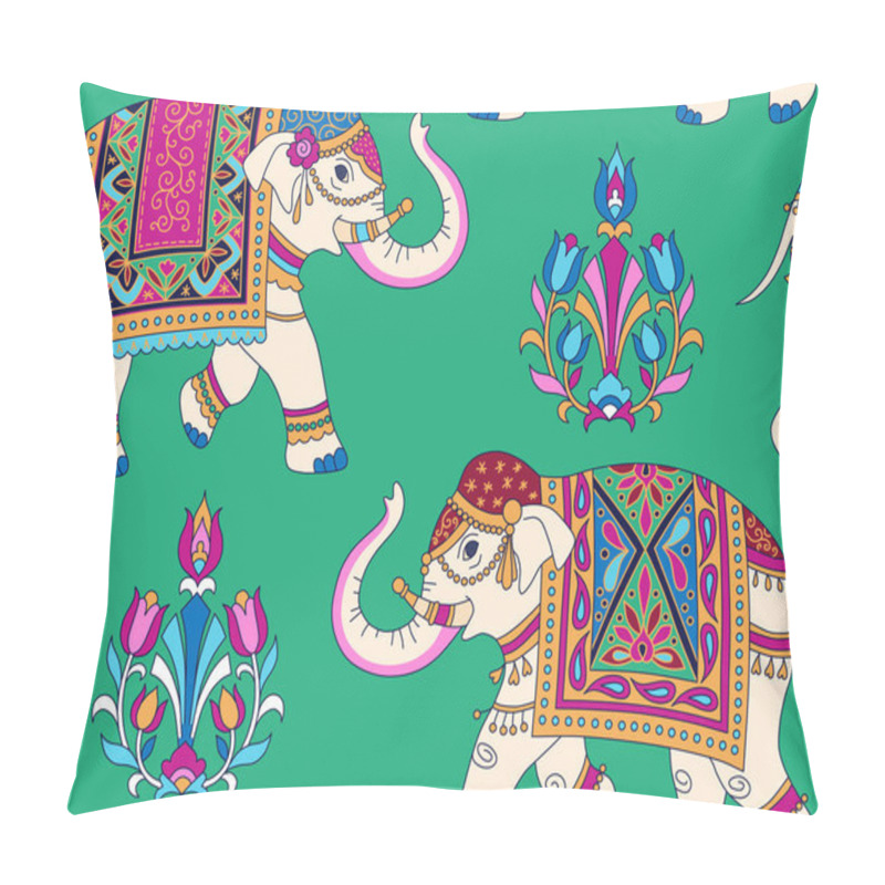 Personality  Indian Style Ornament  With White Elefpants And Floral Elements On Green Background. Seamless Pattern For Textile And Decoratio Pillow Covers