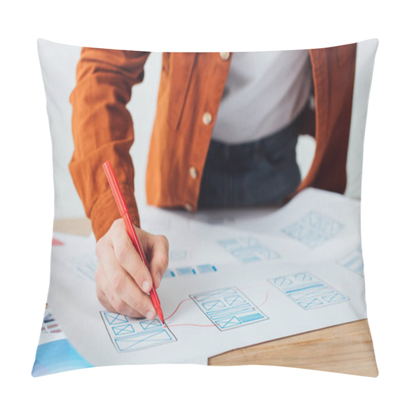 Personality  Cropped View Of Ux Designer With Marker Developing User Experience Design At Table Isolated On Grey Pillow Covers