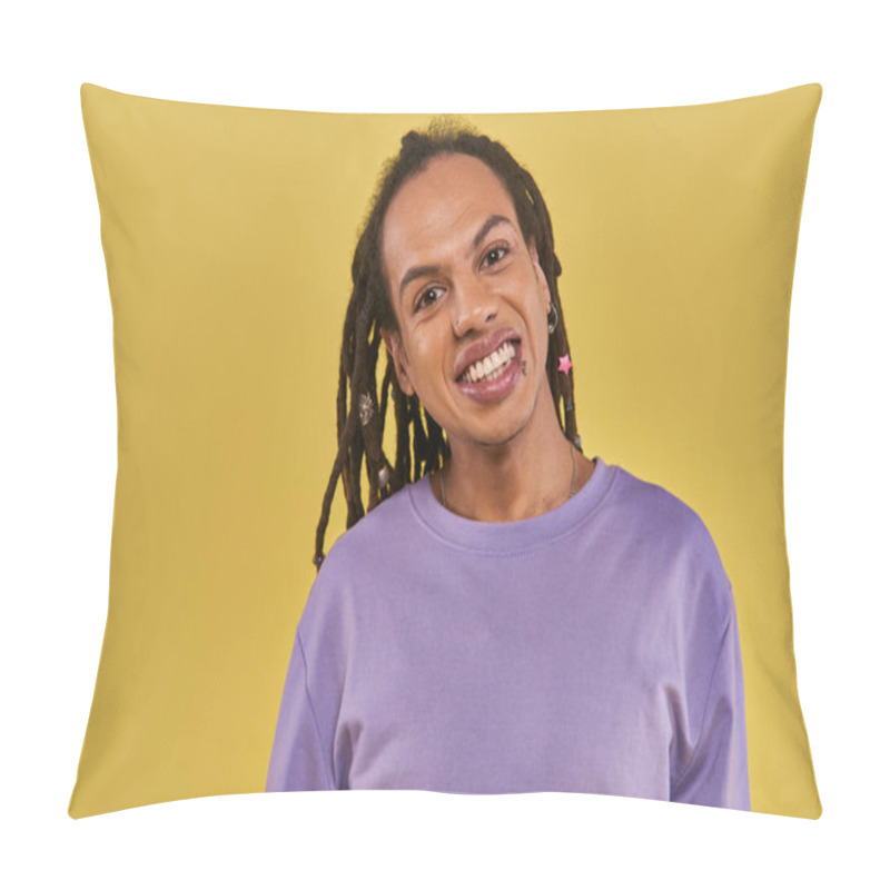 Personality  Close Up Joyful Young African American Man With Dreadlocks And Pierced Lip Smiling Right At Camera Pillow Covers