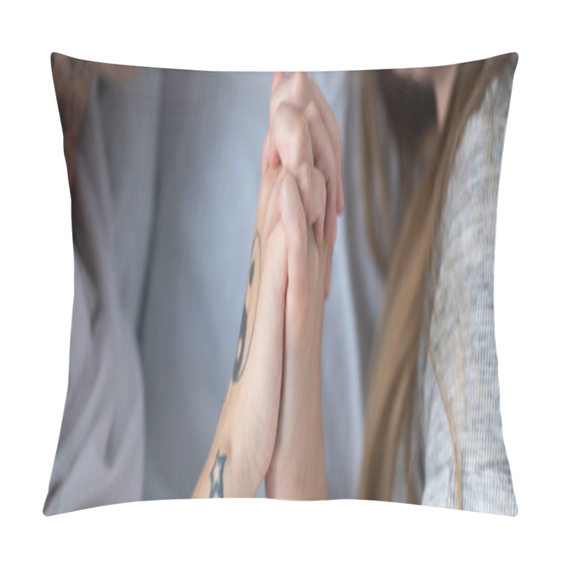 Personality  Panoramic Shot Of Two Lesbians Holding Hands In Bed Pillow Covers