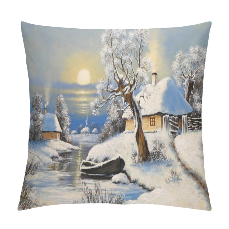 Personality  Oil Paintings Rural Landscape, Winter Landscape With Trees And Snow, Boat In River. Fine Art. Pillow Covers