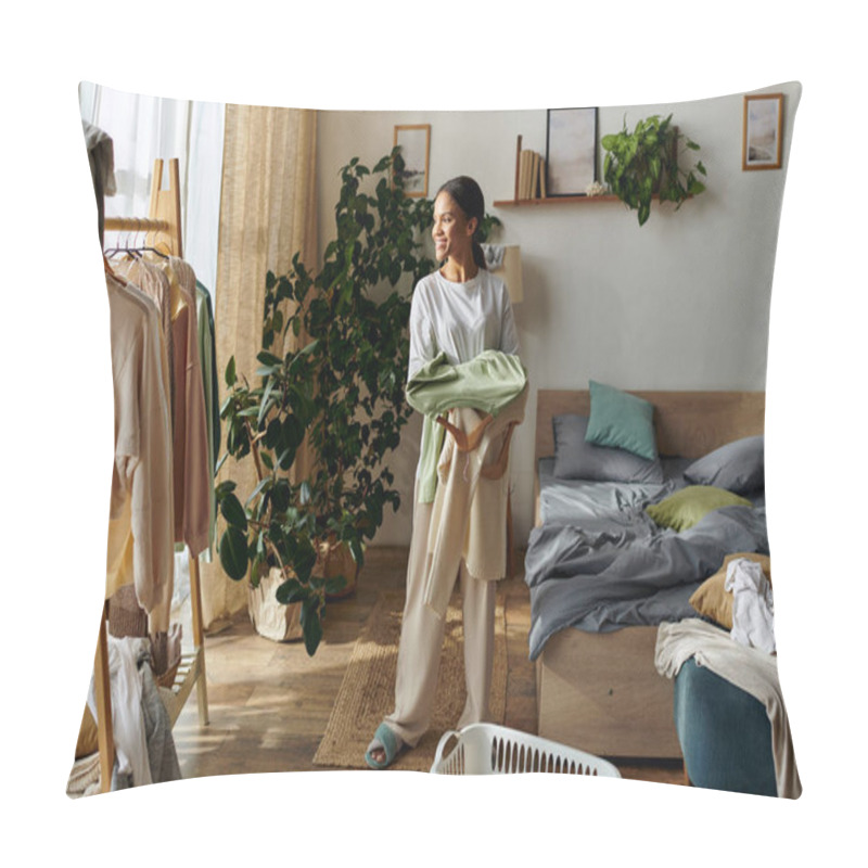 Personality  In A Bright Apartment, A Young African American Woman Tidies Up, Embracing Her Chores With Joy. Pillow Covers