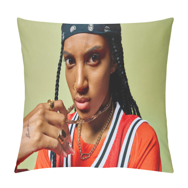 Personality  A Beautiful Young Woman Showcases Her Fashion Forward Look With Striking Accessories And Attitude. Pillow Covers