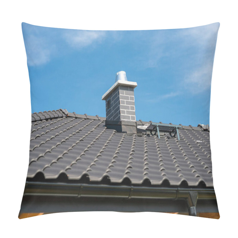 Personality  The Roof Of A Single-family House Covered With A New Ceramic Tile In Anthracite Against The Blue Sky. Vsible System Chimney Covered With Tiles. Pillow Covers