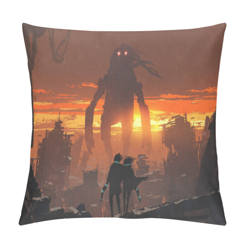 Personality  Couple With Gun Looking At Giant Robot Pillow Covers