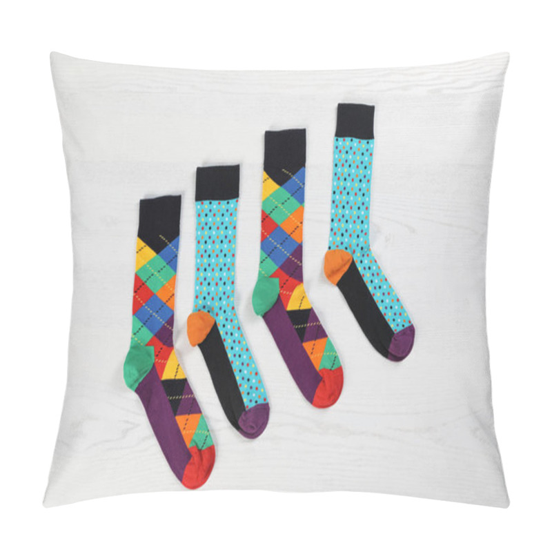 Personality  Flat Lay Composition With Different Socks  On Light Wooden Background Pillow Covers