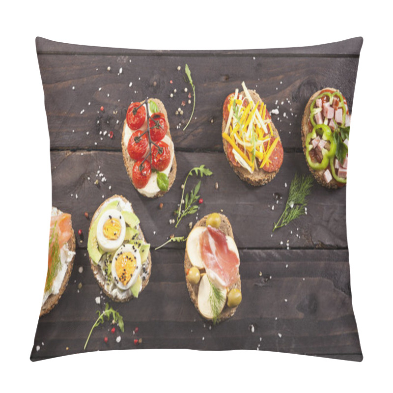 Personality  Set Of Different Bruschettas On Dark Wooden Table. Top View And Copy Space. Pillow Covers