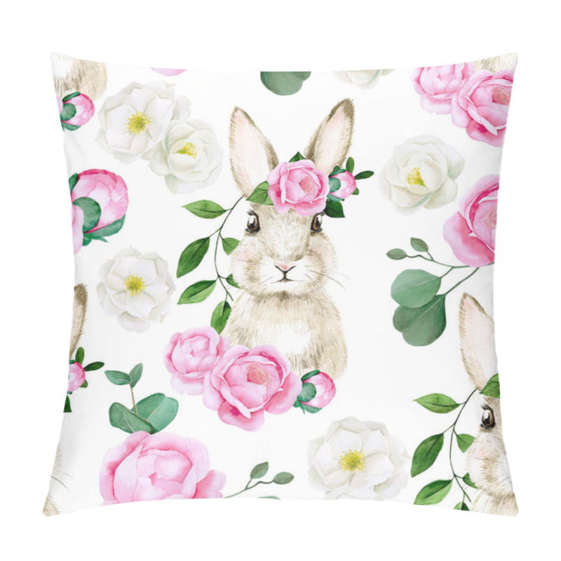 Personality  Watercolor Seamless Pattern For Easter Holiday. Cute Easter Bunny With Rose, Peony Flowers On White Background. White And Pink Flowers, Vintage Pillow Covers