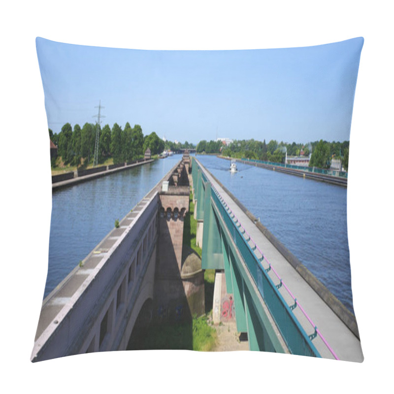 Personality  Minden, Germany- June 5 2023 The Minden Aqueduct Consists Of Two Parallel Water Bridges, That Lead The Mittelland Canal Over The Weser.  It Is The Second Biggest Aqueduct In Europe.  Pillow Covers