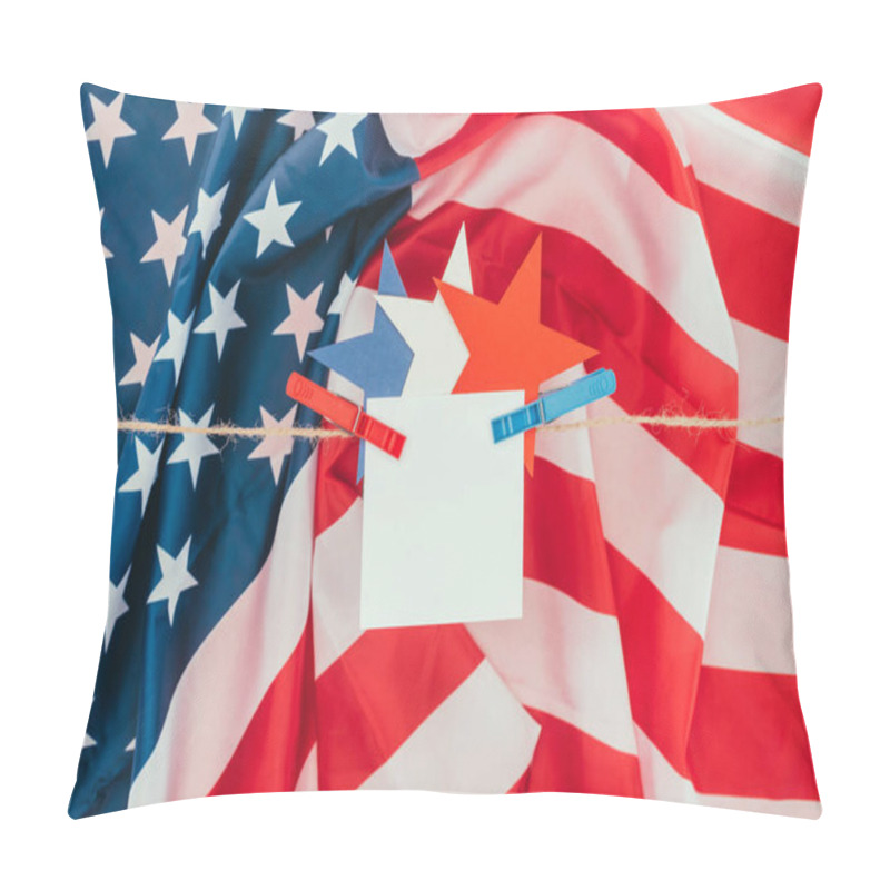 Personality  Flat Lay With American Flag, Stars And Blank Paper Hanging On Rope, Presidents Day Concept Pillow Covers