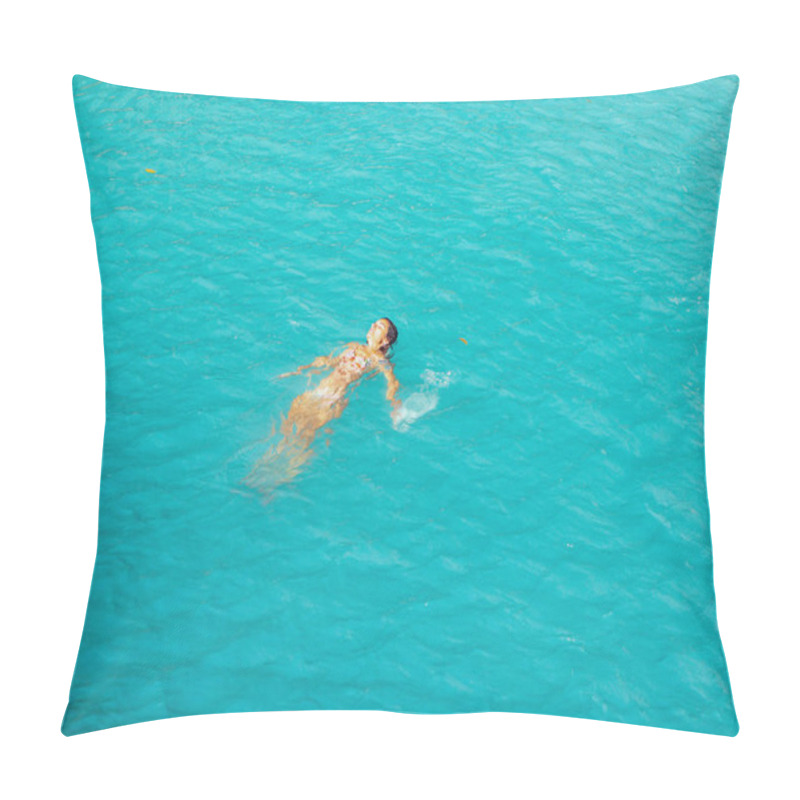 Personality  Woman Swimming Freely At Turquoise Water Of Cambugahay Waterfalls In Siquijor Island In Philippines Pillow Covers