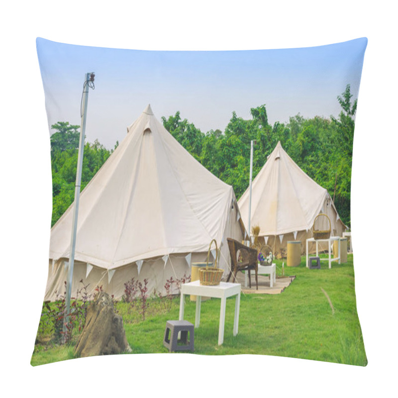 Personality  Holiday Tents And Lounge Areas On Green Lawn Place Among Trees At Natural Parkland. Camping Tent On Nature In Summer.Travel Background. Place For Picnic Outdoors. Recreation Area And Camp With Tent. Pillow Covers