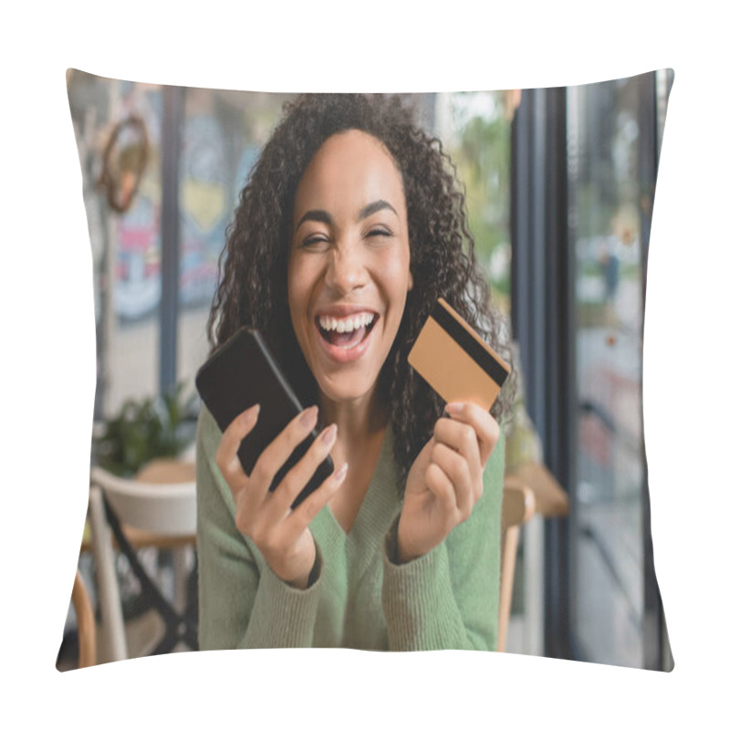 Personality  Cheerful African American Woman Laughing While Holding Smartphone And Credit Card Pillow Covers