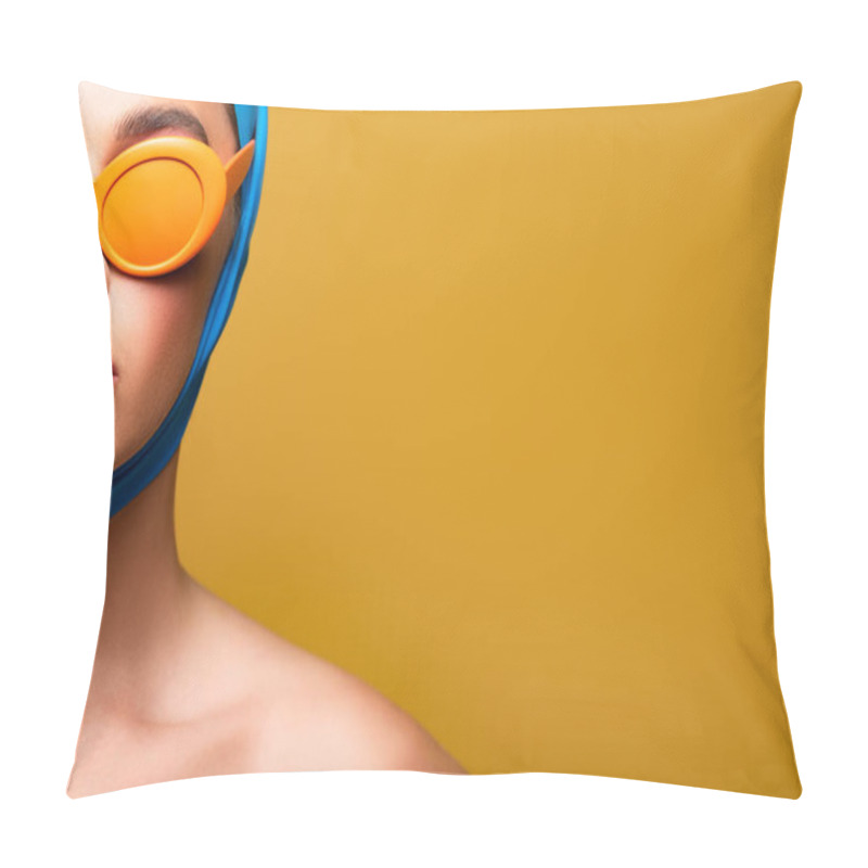 Personality  Sexy Nude Woman In Scarf And Fashionable Orange Sunglasses, Isolated On Yellow Pillow Covers