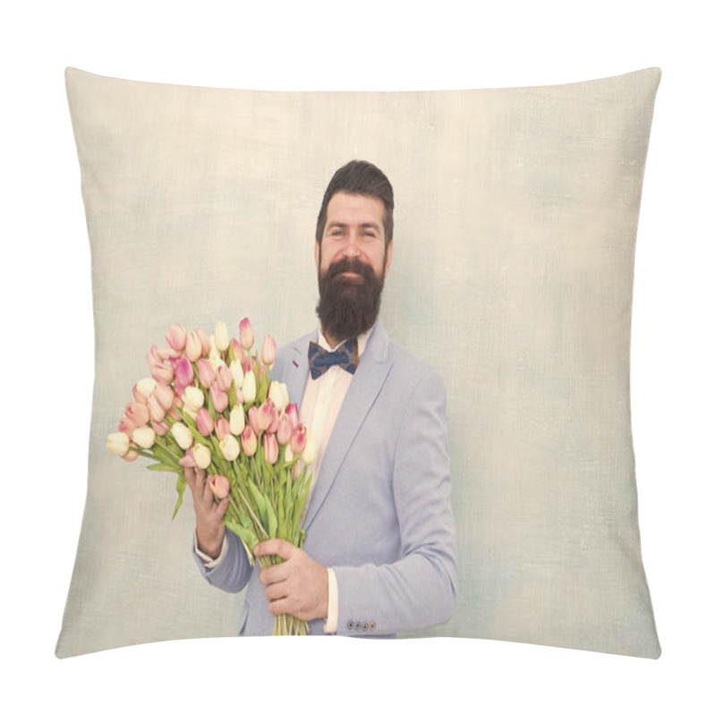 Personality  Bearded Man In Bow Tie With Tulip Flowers. Bride Groom At Wedding Party. Spring Bouquet. 8 Of March. Love Date With Flowers. Happy Birthday. Womens Day. Formal Mature Businessman. Forever Young Pillow Covers