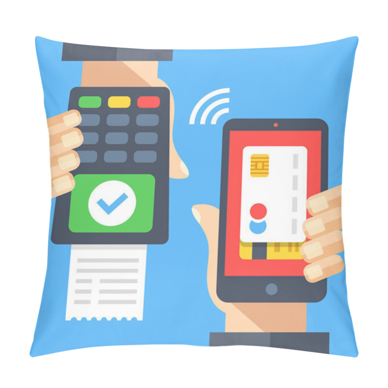 Personality  Hand Holding Payment Terminal With Green Check Mark And Receipt, Hand Holding Smartphone With Credit Card. Approved Transaction, Correct Pin Entry, Successful Payment. Flat Design Vector Illustration Pillow Covers