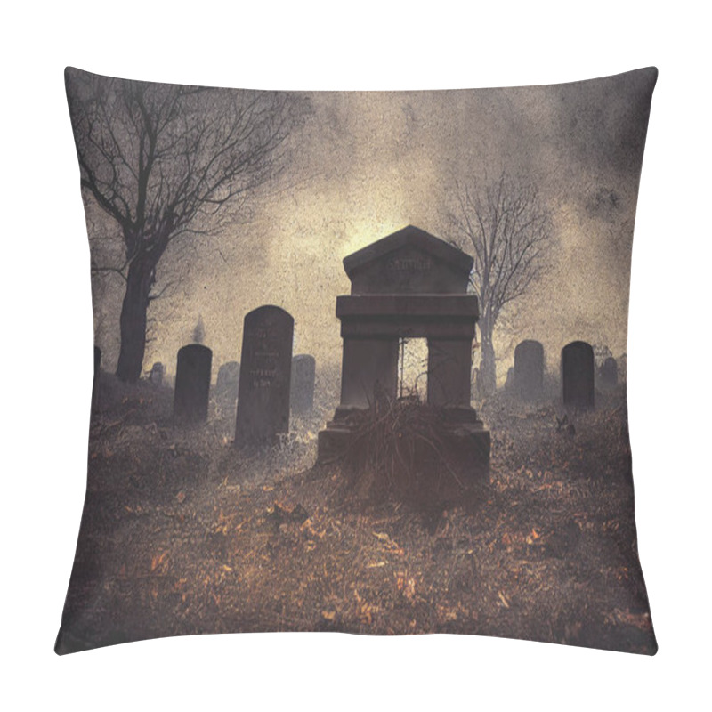 Personality  3D Render Of Graveyard Cemetery In Spooky Dark Night For Halloween Concept. Scary Graveyard Wallpapers. Pillow Covers