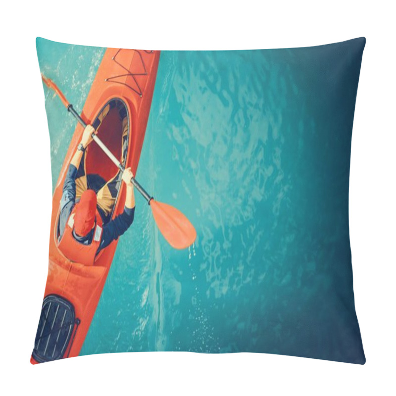 Personality  Kayaker Lake Tour Aerial Photo. Red Kayak And Caucasian Paddling Sportsman In His 30s. Pillow Covers