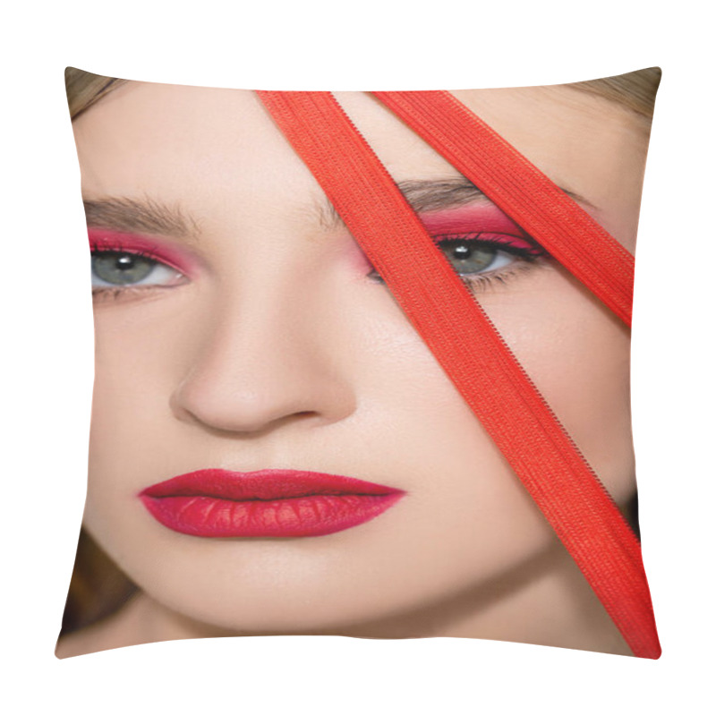 Personality  Close Up View Of Model With Red Makeup Looking At Camera Near Zipper Pillow Covers