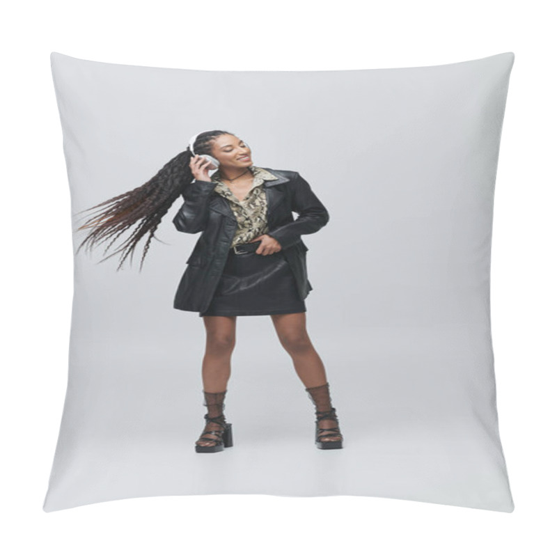 Personality  A Young Woman In A Black Leather Jacket And Skirt Poses With Headphones On, Her Hair Flowing Behind Her. Pillow Covers