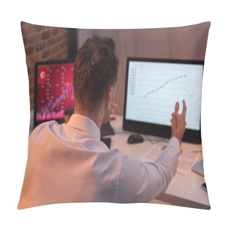 Personality  Back View Of Businessman Pointing At Computer With Financial Charts On Blurred Background  Pillow Covers