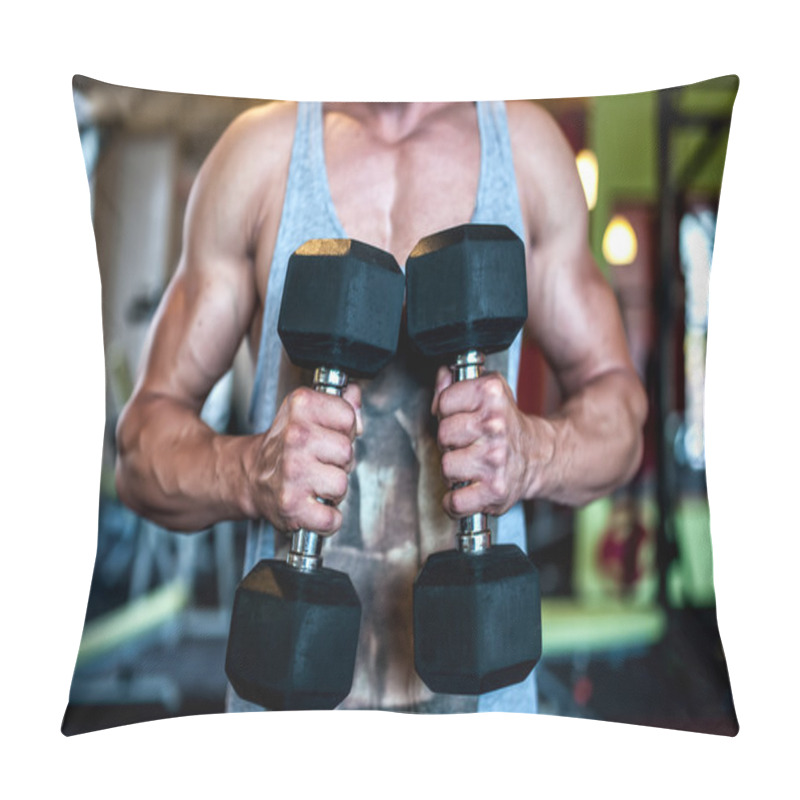 Personality  Close-up Of Muscular And Athletic Young Sexy Man Holding Dumbbells And Training The Biceps Pillow Covers