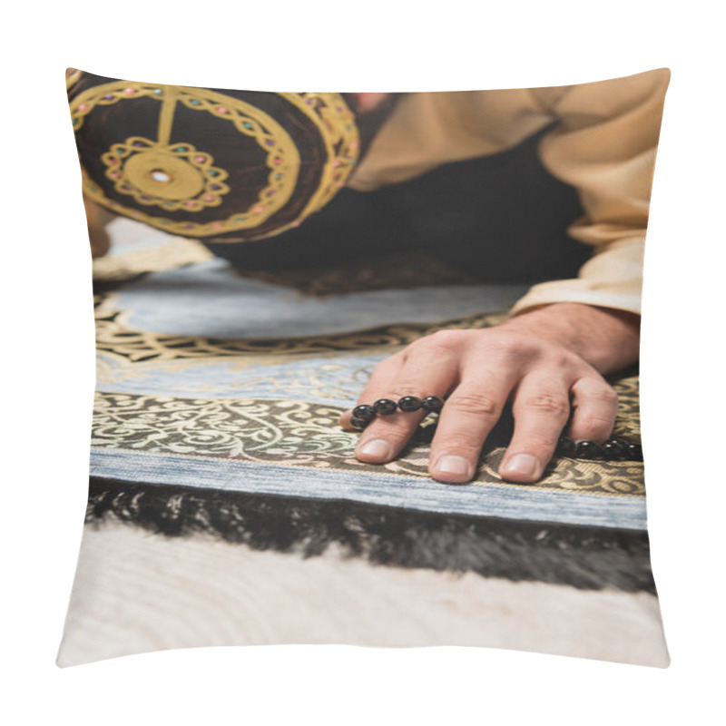 Personality  Blurred Muslim Man With Prayer Beads Praying On Carpet At Home  Pillow Covers