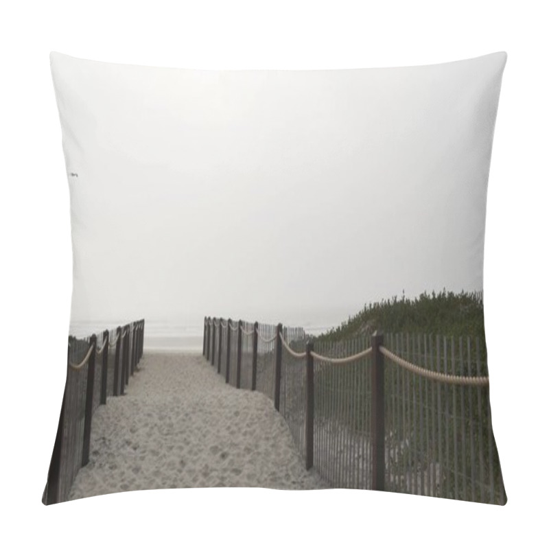 Personality  Wooden Picket Fence, Sandy Misty Beach, California USA. Pacific Ocean Coast, Fog Haze On Sea Shore. Pillow Covers