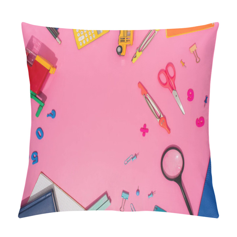 Personality  Top View Of School Stationery And School Bus Model On Pink With Copy Space Pillow Covers