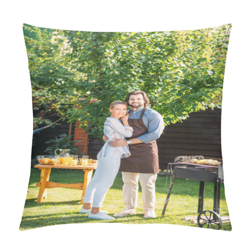 Personality  Smiling Couple Looking At Camera Having Barbecue On Backyard On Summer Day Pillow Covers