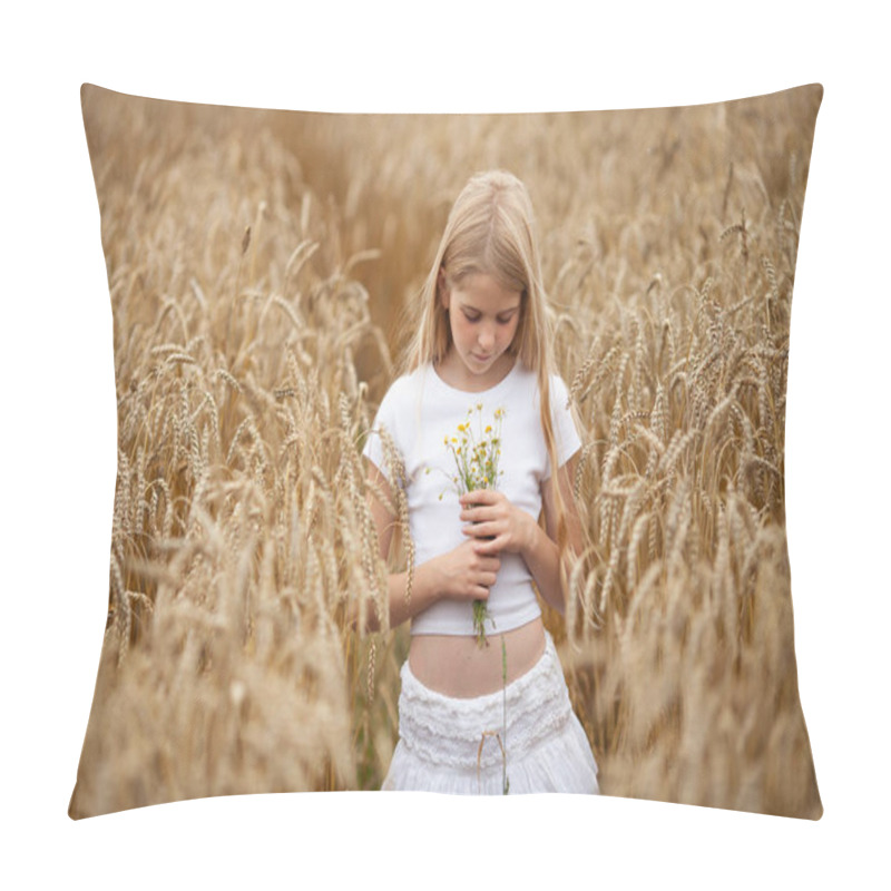 Personality  Pretty Blond Girl In White Clothes Holding Small Bouquet Of Daisies In A Wheat Field. Natural Beauty, Summer Concept, Harvest Time. Selective Focus. Pillow Covers