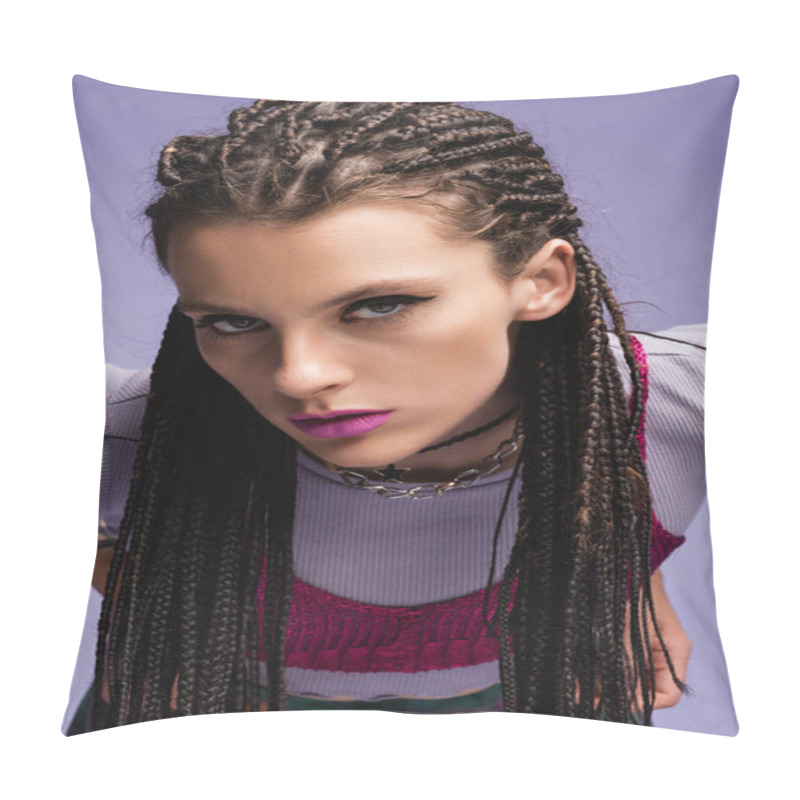 Personality  Portrait Of Trendy Woman With Dreadlocks And Makeup Looking At Camera Isolated On Purple Pillow Covers