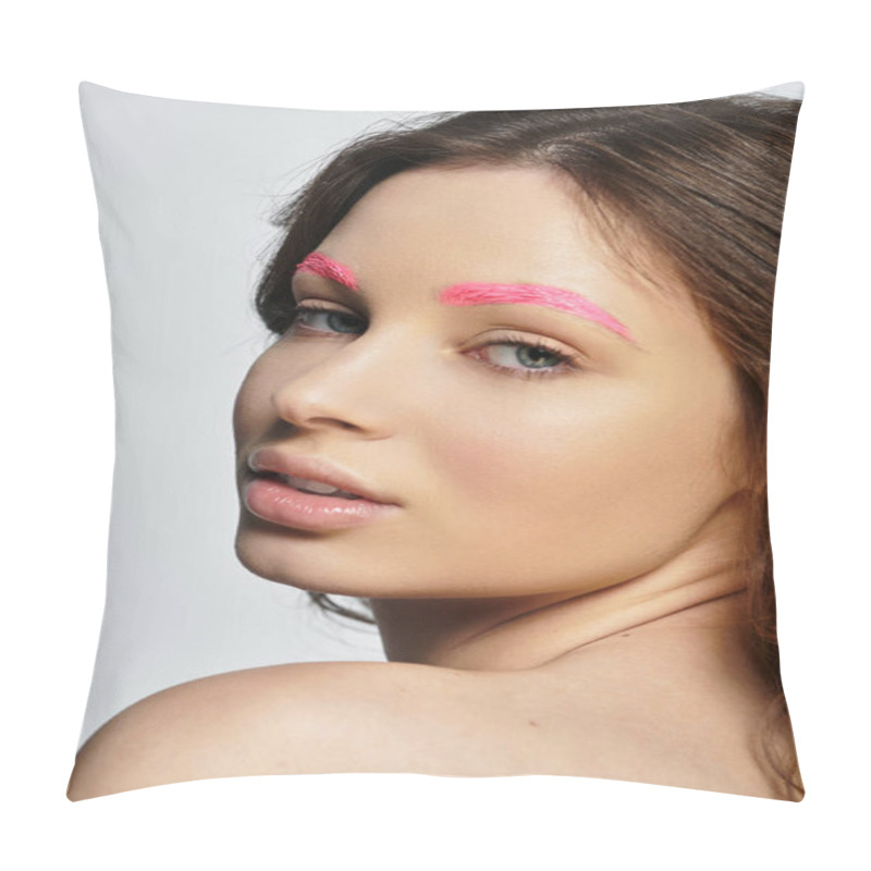 Personality  Young Woman Flaunts Her Vibrant Pink Eyebrows, Embracing A Striking Style In Studio Light. Pillow Covers