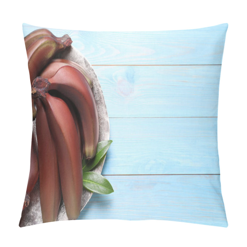 Personality  Tasty Red Baby Bananas On Light Blue Wooden Table, Top View. Space For Text Pillow Covers