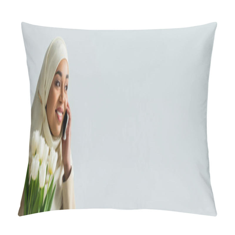 Personality  Happy Muslim Young Woman In Hijab Holding Bouquet Of Tulips And Talking On Smartphone Isolated On Grey, Banner Pillow Covers