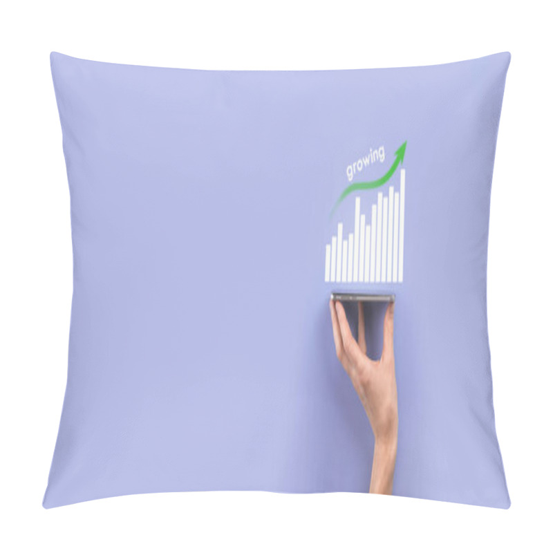 Personality  Male Hand Holding Smart Mobile Phone With Graph Icon.checking Analyzing Sales Data Growth Graph Chart And Stock Market On Global Networking. Business Strategy, Planning And Digital Marketing. Pillow Covers