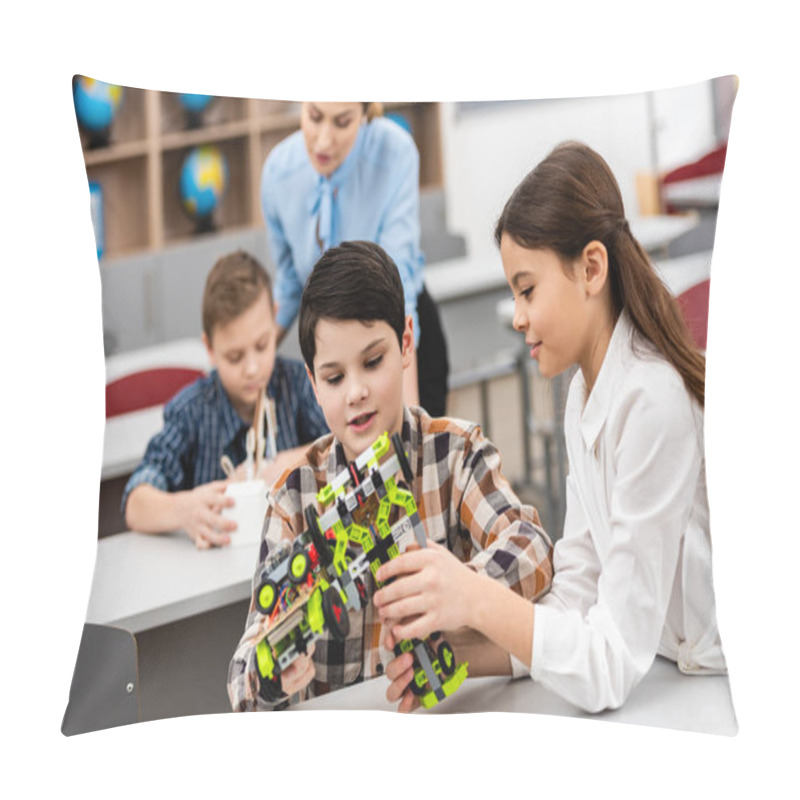 Personality  Pupils Sitting At Desk With Toys During Lesson In Classroom Pillow Covers