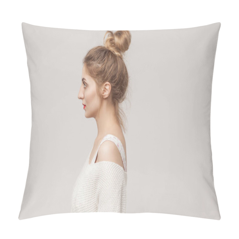 Personality  Profile Side Mixed Race Blonde Woman Looking Away. Studio Shot Pillow Covers