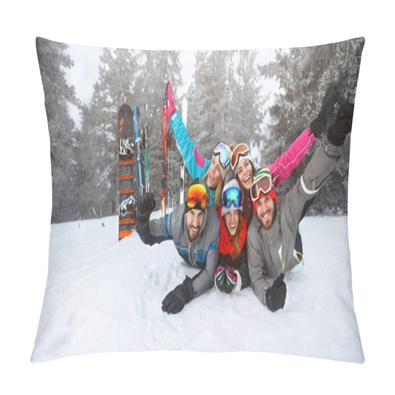 Personality  Happy Group Of Skiers Lying On Snow Pillow Covers