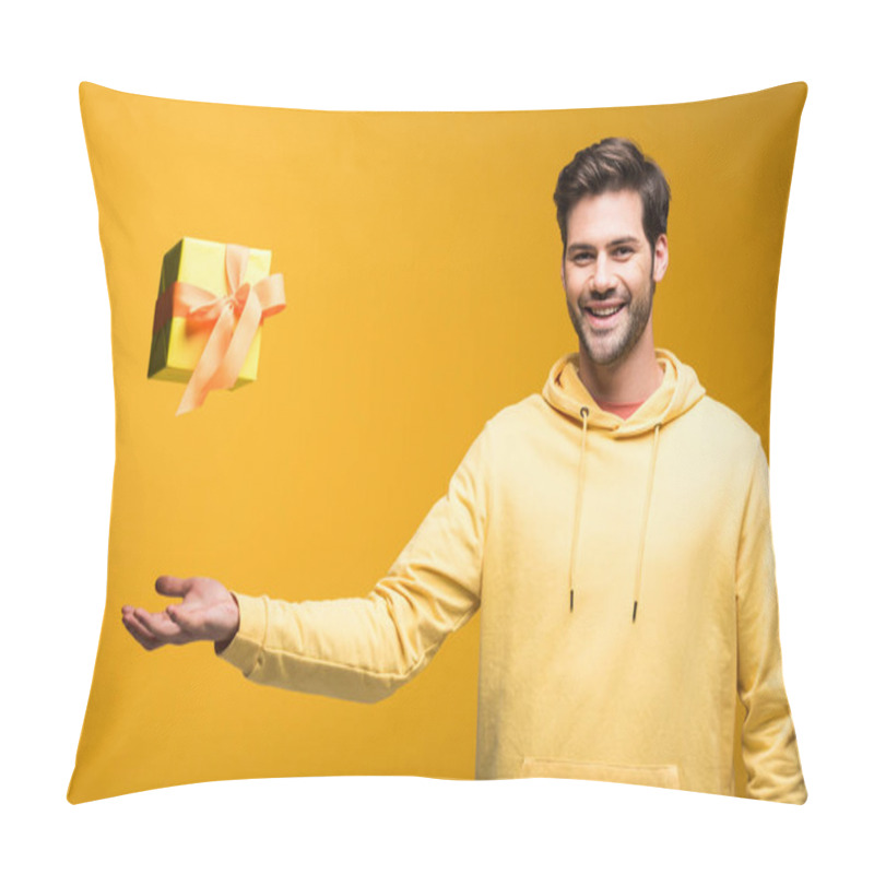 Personality  Handsome Smiling Man Throwing In Air Gift On Yellow Pillow Covers