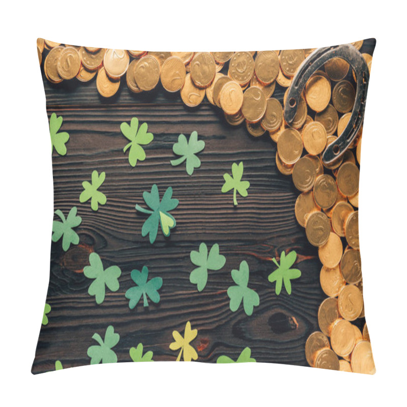 Personality  Top View Of Shamrock, Golden Coins And Horseshoe On Wooden Table, St Patricks Day Concept Pillow Covers