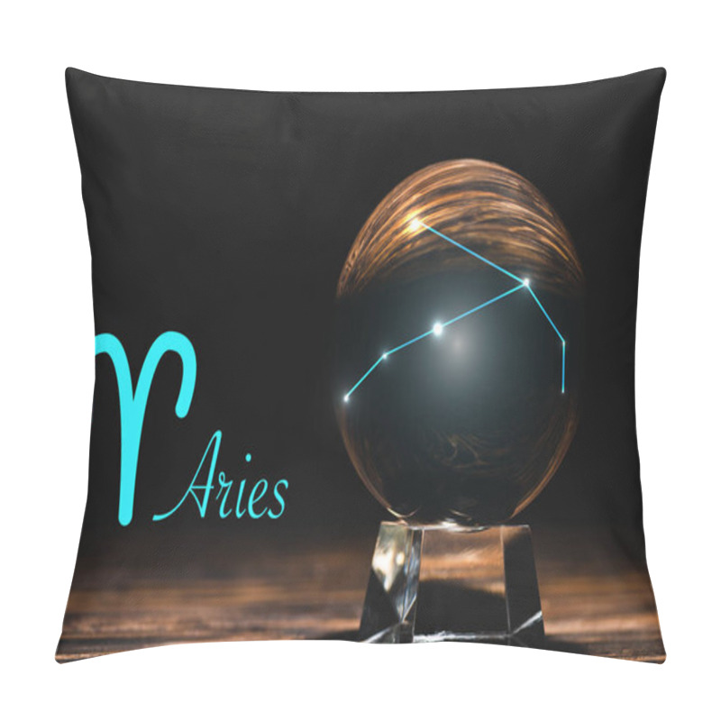 Personality  Crystal Ball With Constellation Near Aries Zodiac Sign On Wooden Table Isolated On Black Pillow Covers