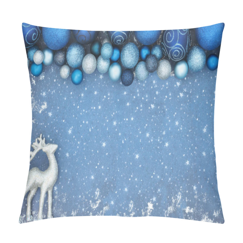 Personality  Christmas Background With Reindeer Ornament And Sparkling Blue Tree Decorations On Grunge. Festive Magical North Pole Cold Winter Theme For The Holiday Season Pillow Covers