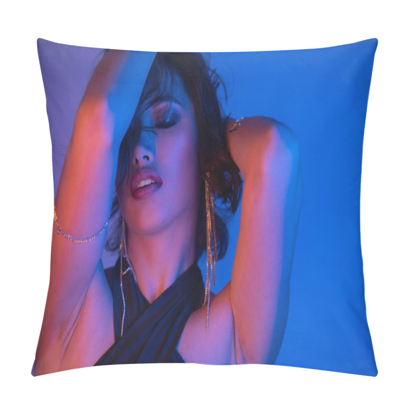 Personality  Well-dressed Young Asian Woman With Hairstyle And Makeup Dancing In Neon Light In Night Club Pillow Covers