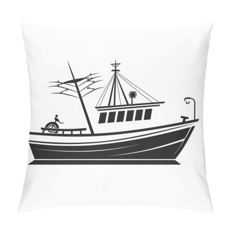 Personality  Stylized Black Silhouette Of A Fishing Boat With Sails, Set Against A Minimalist White Background. Pillow Covers