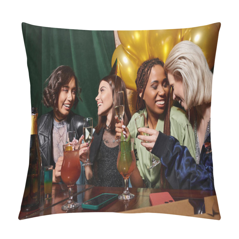 Personality  Joyous Multiracial Women Celebrating Birthday With Champagne, Cocktails And Golden Balloons In Bar Pillow Covers