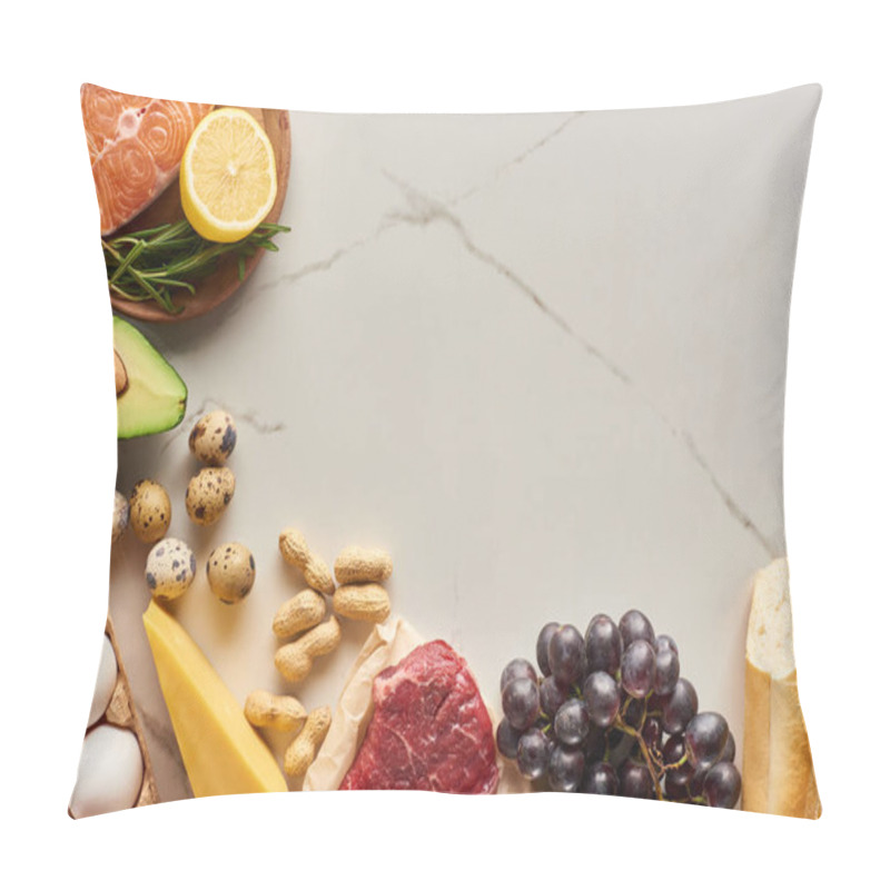 Personality  Top View Of Raw Meat And Fish With Avocado, Lemon, Cheese, Eggs, Grapes, Peanuts And Baguette Pillow Covers