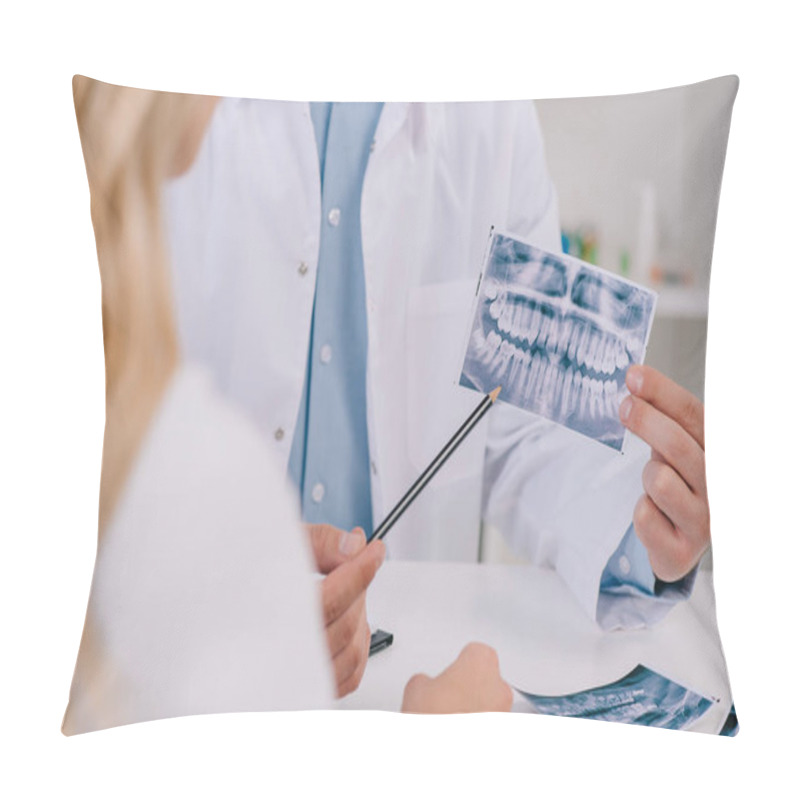 Personality  Cropped View Of Orthodontist Pointing At Teeth X-ray During Consultation With Female Patient In Clinic  Pillow Covers