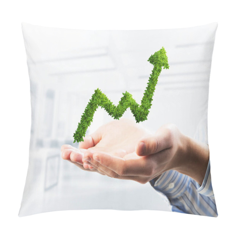 Personality  Palms Of Businessman In Suit Presenting Green Plant In Form Of Growing Graph. Mixed Media Pillow Covers